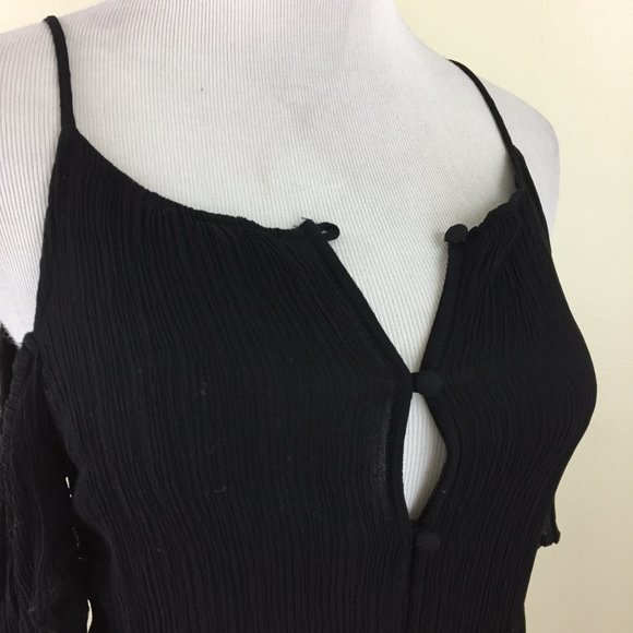 MAEVE Anthropologie Black Crepe Chiffon Cold Shoulder Ruffle Sleeve Button Shirt - Picture 6 of 10